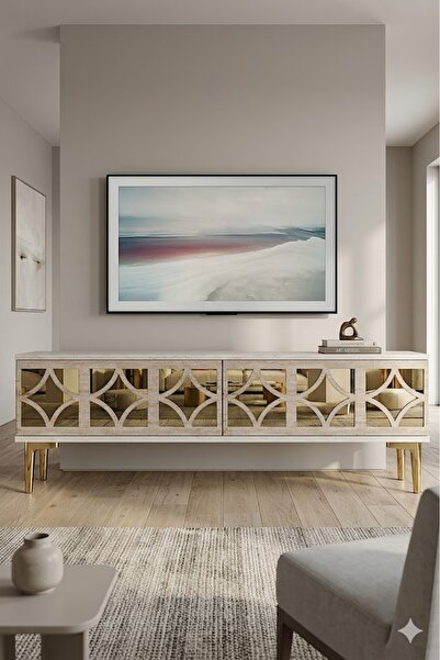 CENEYRA TSA1236BTG ÖZ Tv Sehpası Beyaz-Traverten-Gold 180cm