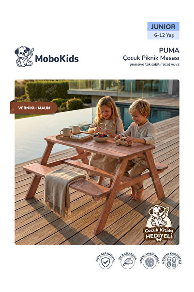 mobokids Çocuk Piknik Masası Puma Masif Ahşap 4 kişilik Junior 6 - 12 Yaş Ahş...