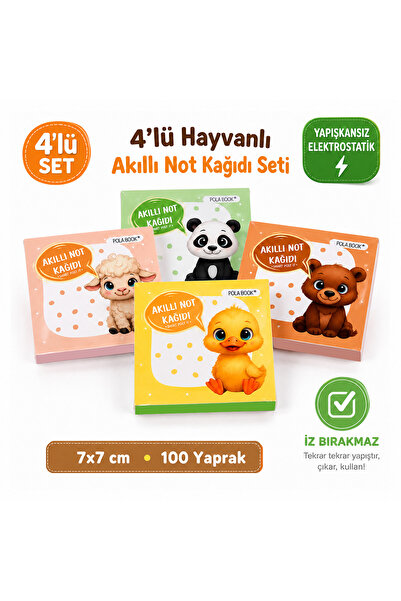 POLABOOK Hayvanlı 4’lü Mini Akıllı Not Kağıdı Seti 100 Sayfa – Yapışkansız Po...