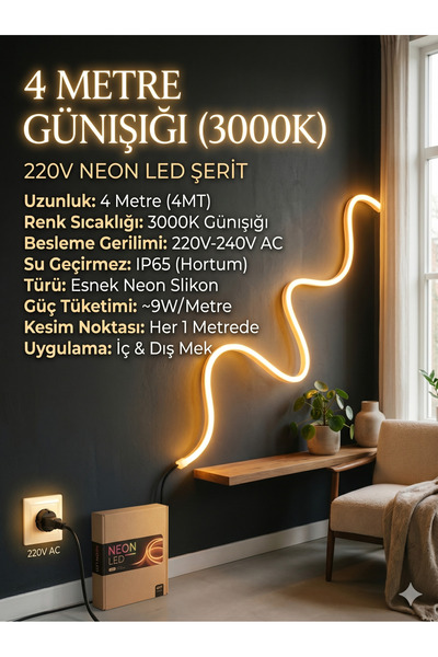 ECONA 4 METRE Neon Esnek Şerit Led 220v +3000K GÜNIŞIĞI , Tak Çalıştır Tezgah...