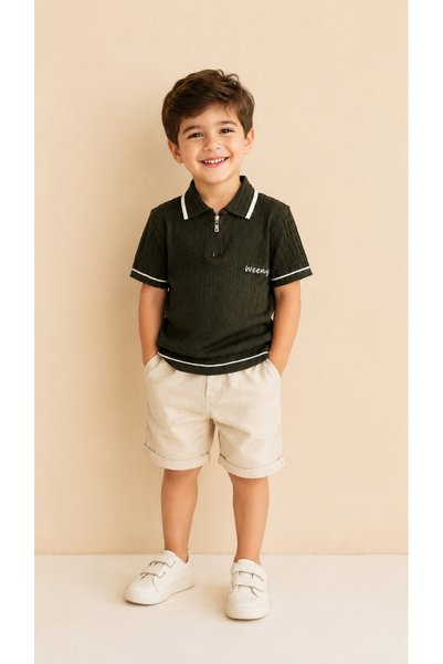 BENBİLGE Boy's Knitwear Textured Polo Collar T-Shirt & Shorts Two-Piece Summer Set