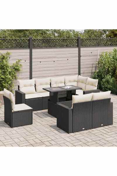 vidaxl Set mobilier de gradina cu perne, 9 piese, negru, poliratan