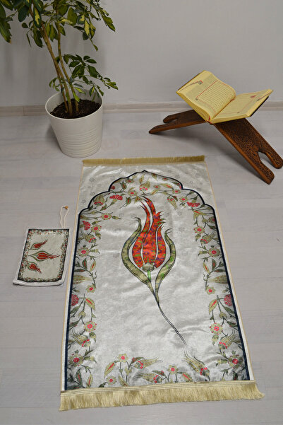 Bilenler Tulip Patterned Prayer Rug with Zipper and Bag White B005