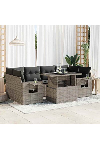 vidaxl Set canapele de gradina, 7 piese, cu perne, gri, poliratan