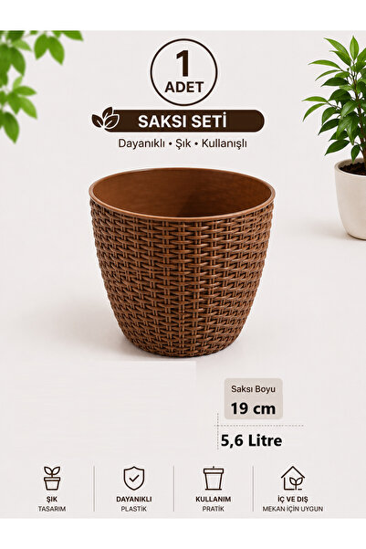 GÜZELYÜZ AVM 1 Adet Rattan Saksı | 5,6 Litre Kahverengi 220x190mm No:3