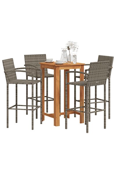 vidaxl Set bar de gradina, 5 piese, gri, lemn masiv acacia/ poliratan