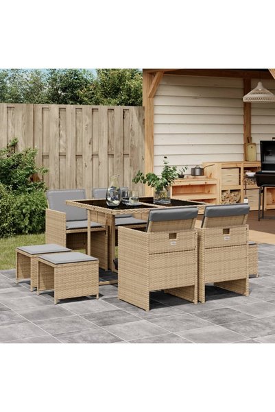 vidaxl Set de masa pentru gradina, 9 piese, cu perne, bej, poliratan