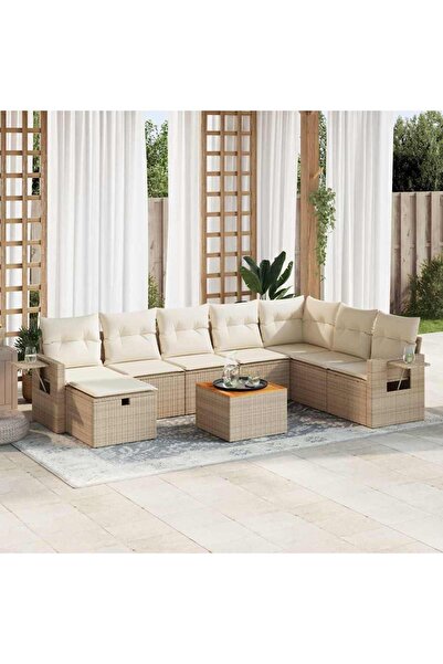 vidaxl Set canapele de gradina, 9 piese, cu perne, bej, poliratan