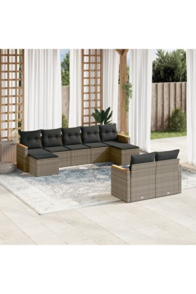 vidaxl Set canapele de gradina, 9 piese, cu perne, gri, poliratan