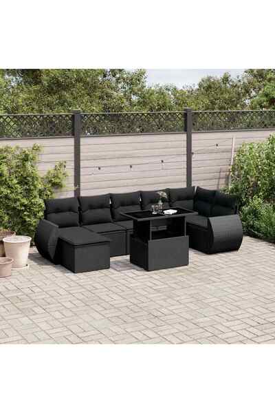 vidaxl Set mobilier de gradina cu perne, 8 piese, negru, poliratan