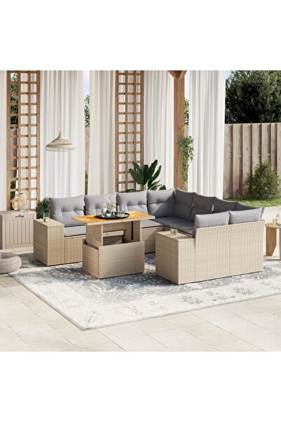 vidaxl Set canapele de gradina, 9 piese, cu perne, bej, poliratan