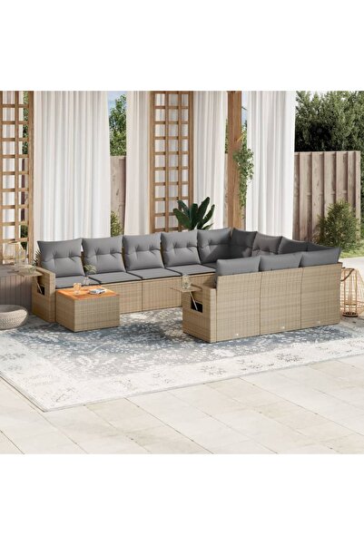 vidaxl Set canapele de gradina, 11 piese, cu perne, bej, poliratan