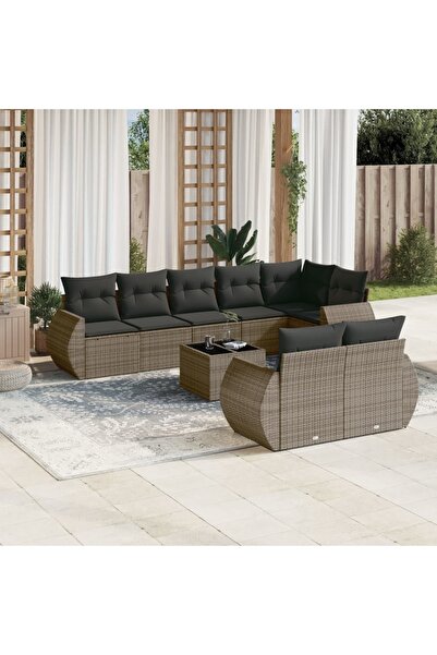 vidaxl Set canapele de gradina, 9 piese, cu perne, gri, poliratan