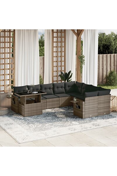 vidaxl Set mobilier de gradina cu perne, 10 piese, gri, poliratan
