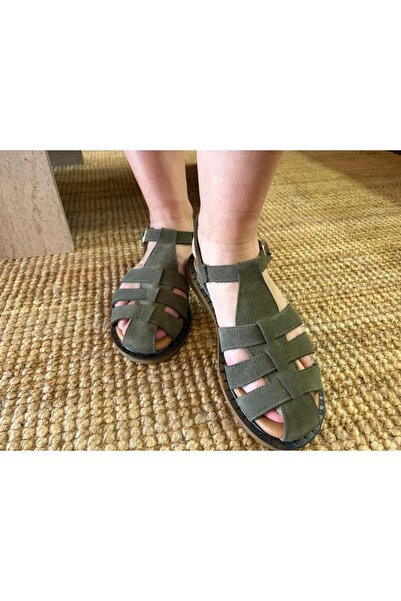 Herayakkabi Women's Genuine Leather and Khaki Suede Sandals