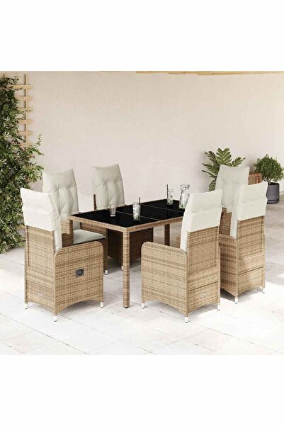 vidaxl Set bistro de gradina, 7 piese, cu perne, bej, poliratan