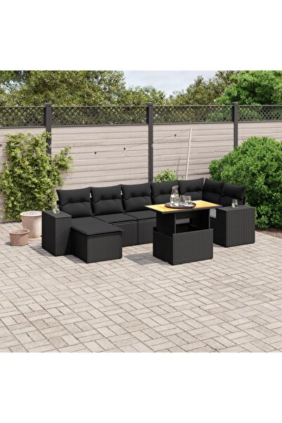 vidaxl Set mobilier de gradina cu perne, 8 piese, negru, poliratan