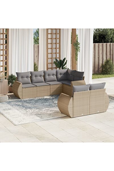 vidaxl Set canapele de gradina, 7 piese, cu perne, bej, poliratan