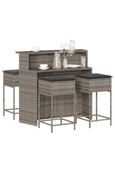 vidaxl Set mobilier bar de gradina, cu perne, 5 piese, gri, poliratan