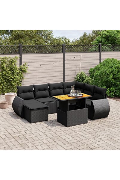 vidaxl Set mobilier de gradina cu perne, 8 piese, negru, poliratan