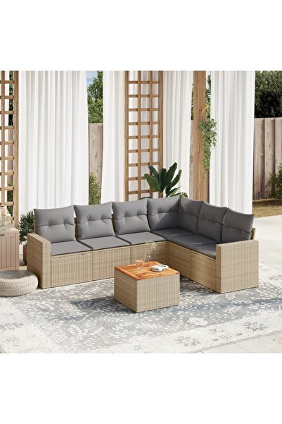 vidaxl Set canapele de gradina, 7 piese, cu perne, bej, poliratan