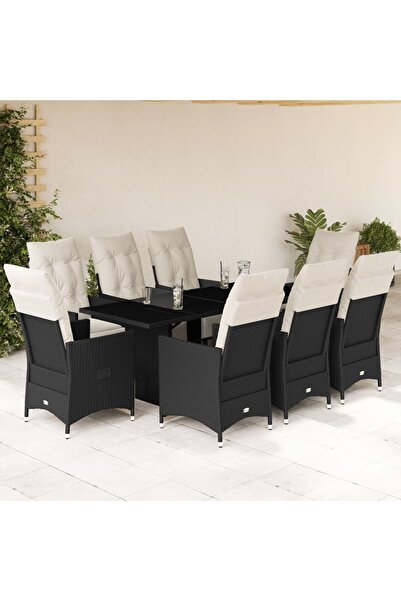 vidaxl Set mobilier de gradina cu perne, 9 piese, negru, poliratan