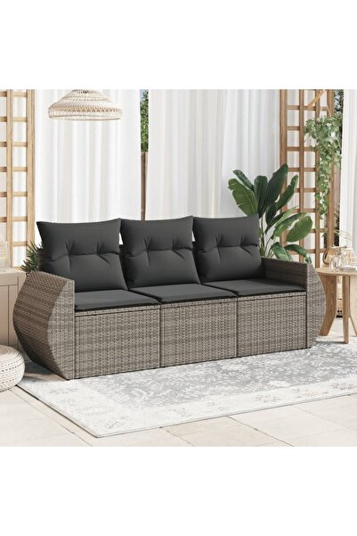 vidaxl Set canapea de gradina cu perne, 3 piese, gri, poliratan
