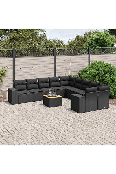 vidaxl Set canapele de gradina cu perne, 11 piese, negru, poliratan