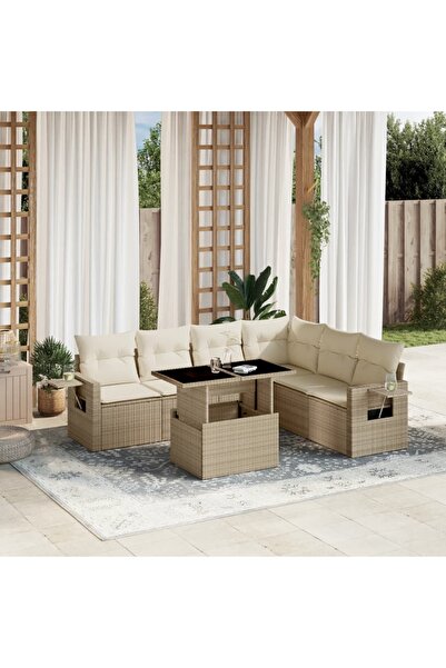 vidaxl Set canapele de gradina, 7 piese, cu perne, bej, poliratan