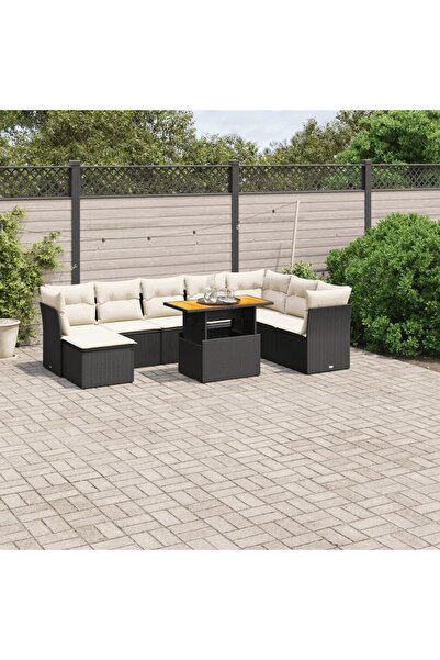 vidaxl Set mobilier de gradina cu perne, 9 piese, negru, poliratan