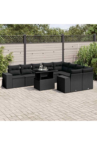 vidaxl Set canapele de gradina cu perne, 10 piese, negru, poliratan