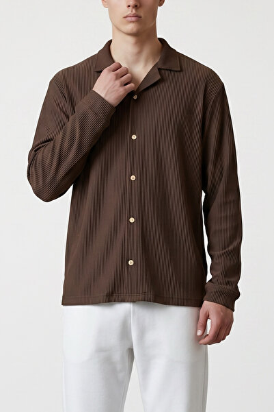 modasende Men's brown ottoman fabric long sleeve relaxed fit shirt