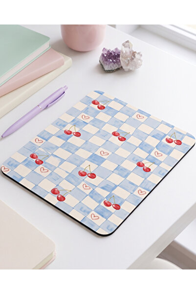 matizya Mavi Kareli Kiraz Desenli Kare Mouse Pad Kaymaz Tabanlı Aesthetic Mou...