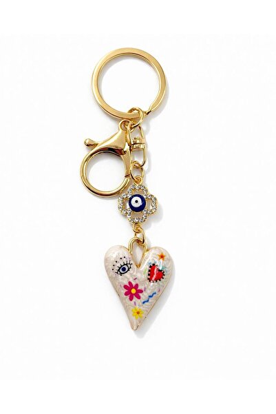 MD Moda Accessories Gold Color Keychain with Evil Eye Beads and Heart Figure ...