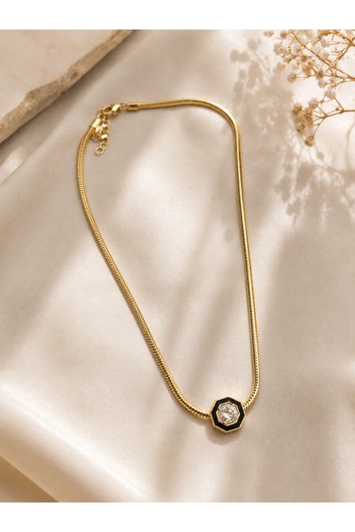 PORSE Xuping Serenay Sarıkaya Leyla Black Enamel Crystal Stone Straw Necklace - 37 cm + 5 cm Does Not Tarnish