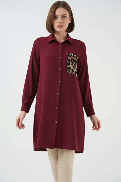 buğrahayalin Women's Shirt Collar Leopard Patterned Pocket Burgundy Tunic