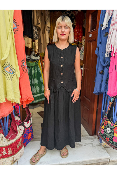 Miss Boheme Siyah Renk Yelekli İtalyan Keten Elbise