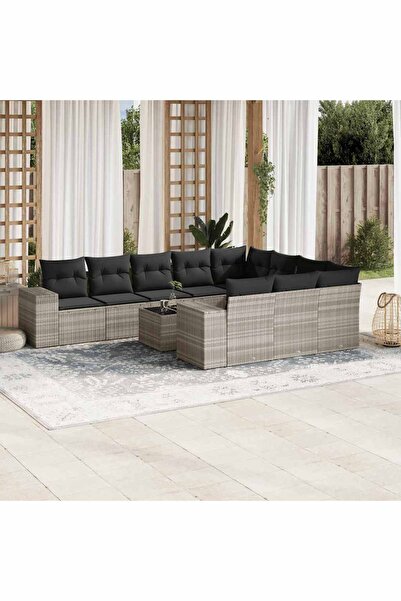 vidaxl Garden sofa set with cushions, 11 pieces, grey, polyrattan