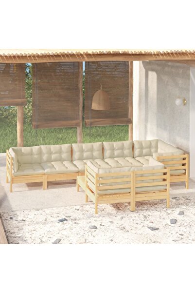 vidaxl Set mobilier gradina cu perne crem, 9 piese, lemn masiv de pin