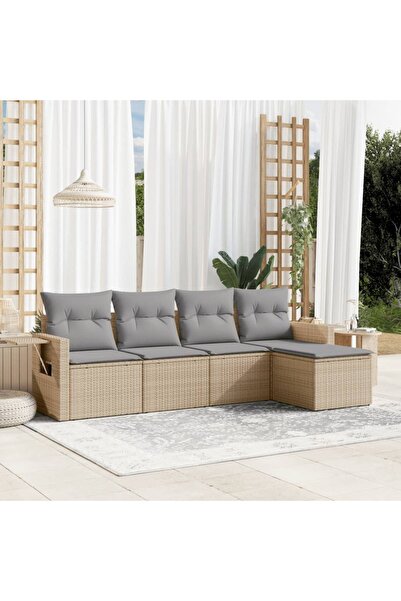 vidaxl Garden sofa set with cushions, 5 pieces, beige, polyrattan