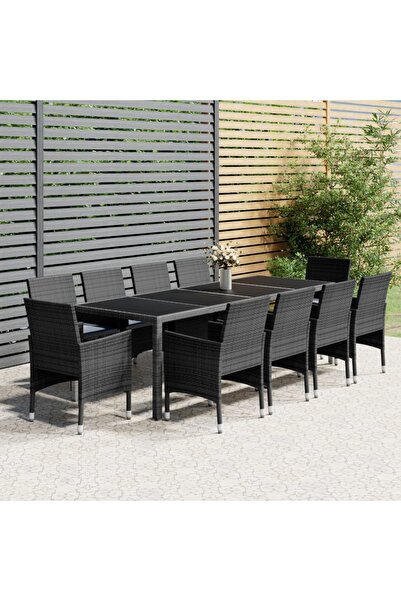 vidaxl Set mobilier de gradina, 11 piese, gri, poliratan