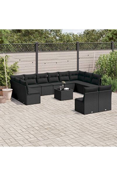vidaxl Garden furniture set with cushions, 13 pieces, black, polyrattan