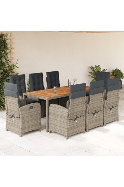 vidaxl Garden furniture set with cushions, 9 pieces, grey, polyrattan