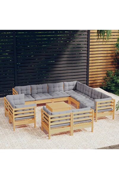vidaxl Set mobilier gradina cu perne, 12 piese, gri, lemn masiv pin