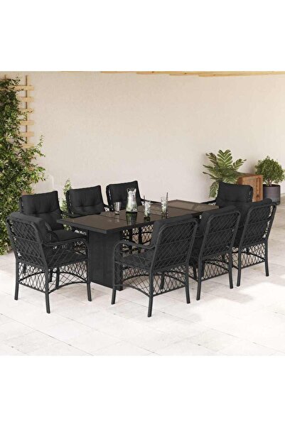 vidaxl Garden furniture set with cushions, 9 pieces, black, polyrattan