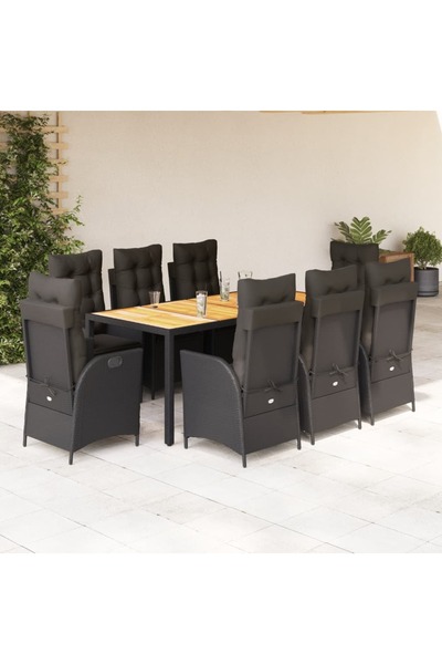 vidaxl Garden furniture set with cushions, 9 pieces, black, polyrattan