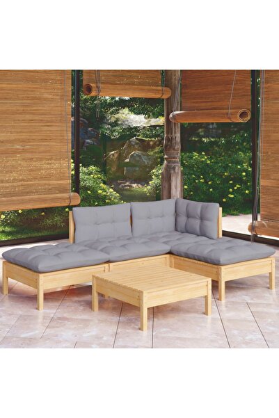 vidaxl Set mobilier gradina cu perne gri, 5 piese, lemn masiv de pin