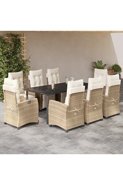 vidaxl 9-piece garden table set with cushions, beige, polyrattan