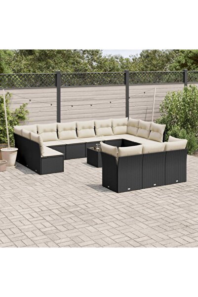 vidaxl Garden furniture set with cushions, 14 pieces, black, polyrattan