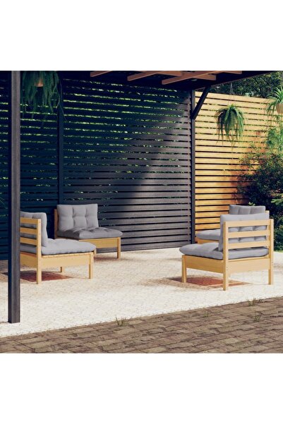 vidaxl Set mobilier gradina cu perne, 4 piese, gri, lemn de pin